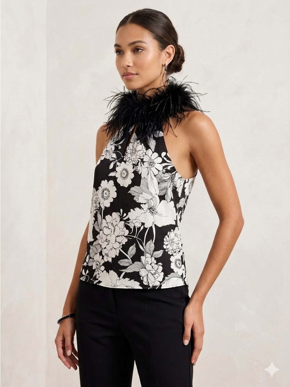 Trina Turk Black and White Floral Feather-Trim Halter Camisole